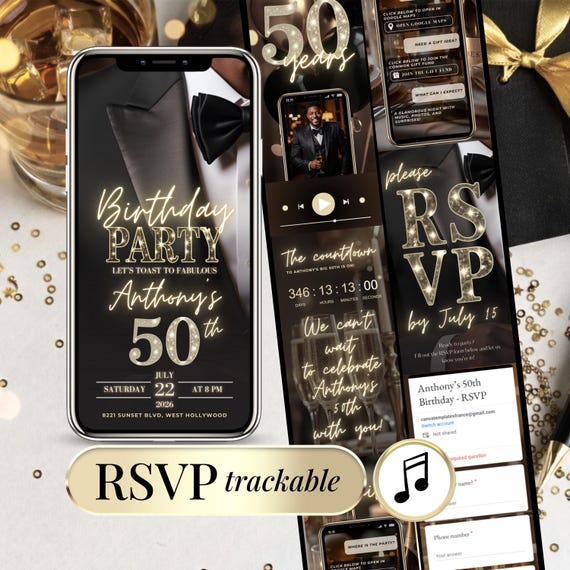 Editable Black Gold 50th Birthday Invitation for Men Digital Evite RSVP 30th 40th 60th Invite for Him – Invitation Anniversaire Homme 50 ans