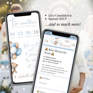 Live Baby Shower Countdown + Google RSVP page for baby boy invitation. Blue Teddy Bear theme with balloons, online RSVP form, timer until event date, mini website invitation for digital Baby Shower. Editable Canva template for boys, “We Can Bearly Wait”, designed for mobile view and text/email sharing.