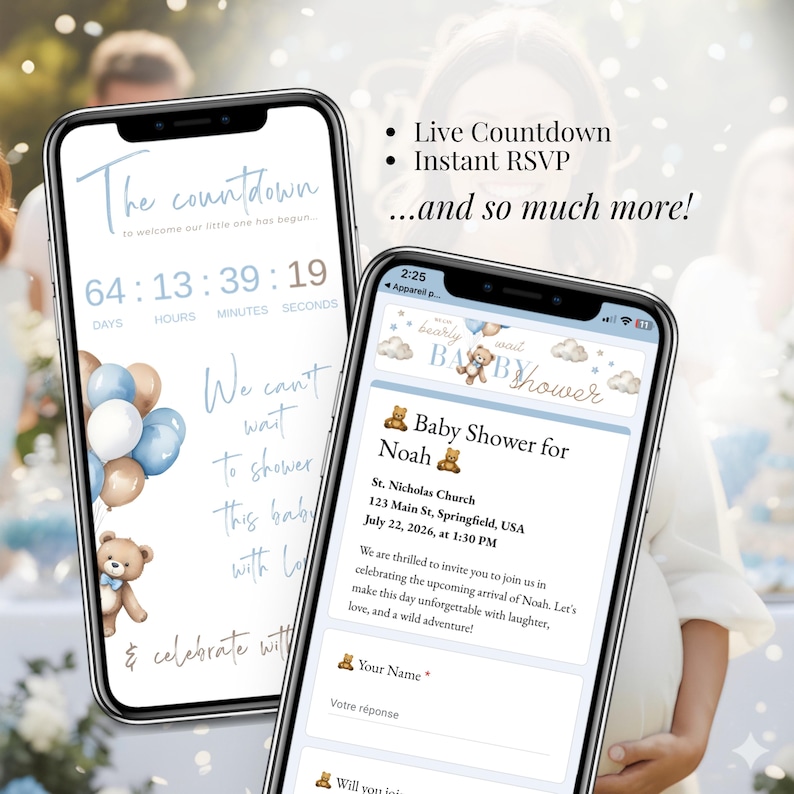 Live Baby Shower Countdown + Google RSVP page for baby boy invitation. Blue Teddy Bear theme with balloons, online RSVP form, timer until event date, mini website invitation for digital Baby Shower. Editable Canva template for boys, “We Can Bearly Wait”, designed for mobile view and text/email sharing.