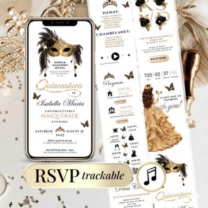 Peut inclure: Un écran de smartphone affiche une invitation Quinceañera dorée et noire sur le thème du bal masqué. Le design comprend un masque, des papillons et les détails de l'événement. Un bouton RSVP est visible.