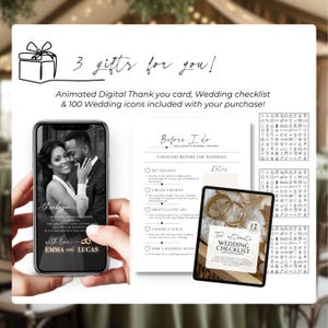 Wedding invitation bonus bundle Canva template, digital thank you card animated, wedding checklist planner, 100 wedding icons pack, green wedding invitation extras, editable Canva wedding templates, complete wedding planning kit