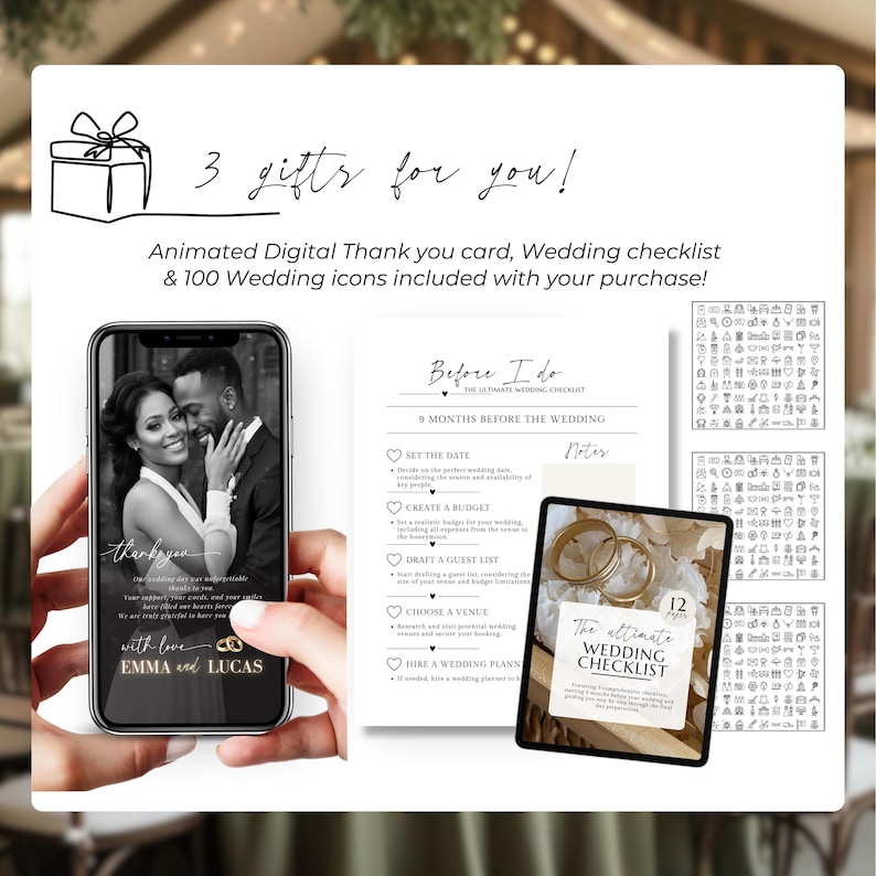 Wedding invitation bonus bundle Canva template, digital thank you card animated, wedding checklist planner, 100 wedding icons pack, green wedding invitation extras, editable Canva wedding templates, complete wedding planning kit