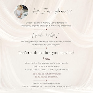 Wedding template seller introduction and customer support page on an ivory fabric background, offering personalized editing, event adaptation and custom color services for editable Canva wedding invitation websites.