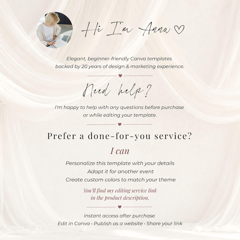 Wedding template seller introduction and customer support page on an ivory fabric background, offering personalized editing, event adaptation and custom color services for editable Canva wedding invitation websites.