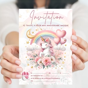 Faire-Part Anniversaire Licorne à Imprimer – Invitation Fille Enfant – Thème Magique Arc-en-Ciel – Rose Féerique – PDF Téléchargeable