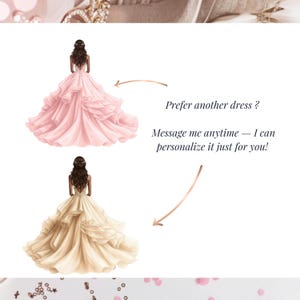 以下が含まれることがあります： 淡いピンクとシャンパンカラーの2つのエレガントなボールガウンのイラスト。ドレスは重ね着されたスカートが特徴で、後ろから見ています。テキスト:「他のドレスがいいですか？いつでもメッセージを送ってください - あなたのためにパーソナライズできます！」