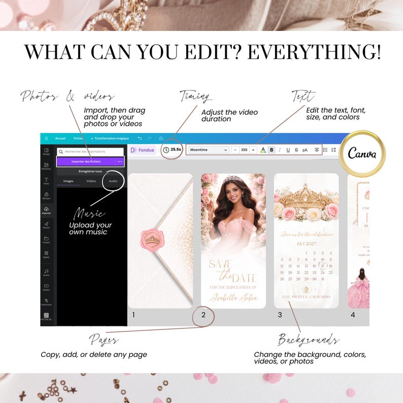 Editable quinceañera video invitation Canva interface showing customization of text, timing, photos and backgrounds, digital invitation template, pink blush gold design, fully customizable Sweet 16 video invite with professional layout
