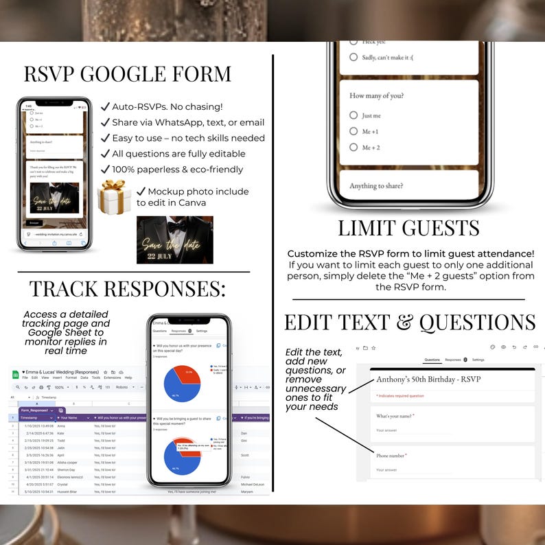 Men’s 50th birthday digital invitation with RSVP Google Form, editable questions, guest limit options, and response tracking in Google Sheets. Canva template for milestone birthday parties, black and gold design, instant download, customizable for any age. Online birthday evite with countdown, music, and RSVP tracking, share via SMS, WhatsApp, or email.