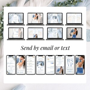 Spanish wedding invite with blue flowers, invitación de boda digital con RSVP rastreable, boda online editable en Canva, web de boda con cuenta regresiva en tiempo real y enlace Google Maps
