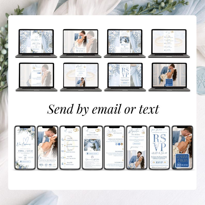 Spanish wedding invite with blue flowers, invitación de boda digital con RSVP rastreable, boda online editable en Canva, web de boda con cuenta regresiva en tiempo real y enlace Google Maps
