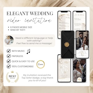 Elegant wedding video invitation template with 6 mobile-sized pages. Includes RSVP, ceremony details, envelope animation, and photos of stylish Black couple. Features music, paperless delivery, full Canva customization. Highlighted as a Best Seller and easy to send via WhatsApp or text. Perfect for modern digital weddings.