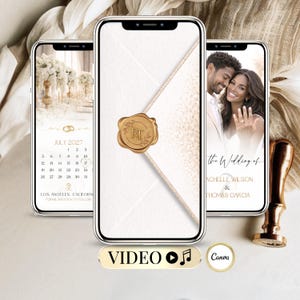 以下が含まれることがあります： 結婚をテーマにしたデザインを表示する3つのスマートフォン。1つは2027年7月のカレンダー、もう1つはカップル、3つ目は金のワックスシールです。「The Wedding of」と「Los Angeles, California」のテキストが含まれています。
