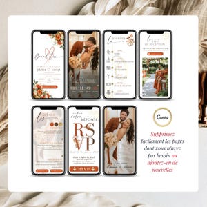 Invitation de mariage numérique terracotta avec RSVP en ligne, présentation complète du faire-part digital sur smartphone