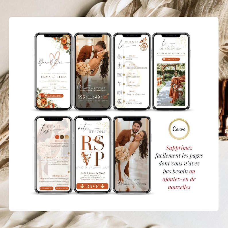 Invitation de mariage numérique terracotta avec RSVP en ligne, présentation complète du faire-part digital sur smartphone