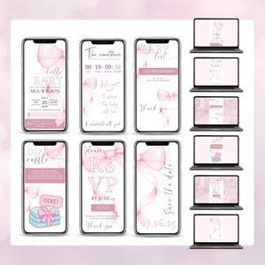 Full set of editable Pink Bow Baby Shower digital templates – Includes RSVP, countdown, baby list, diaper raffle, and save the date designs. Displayed on phones and laptops, this coquette-style Canva bundle is perfect for a girl baby shower. Customize each page to match your theme and manage everything online. Ideal for modern, digital baby shower planning with elegant pink bow graphics.