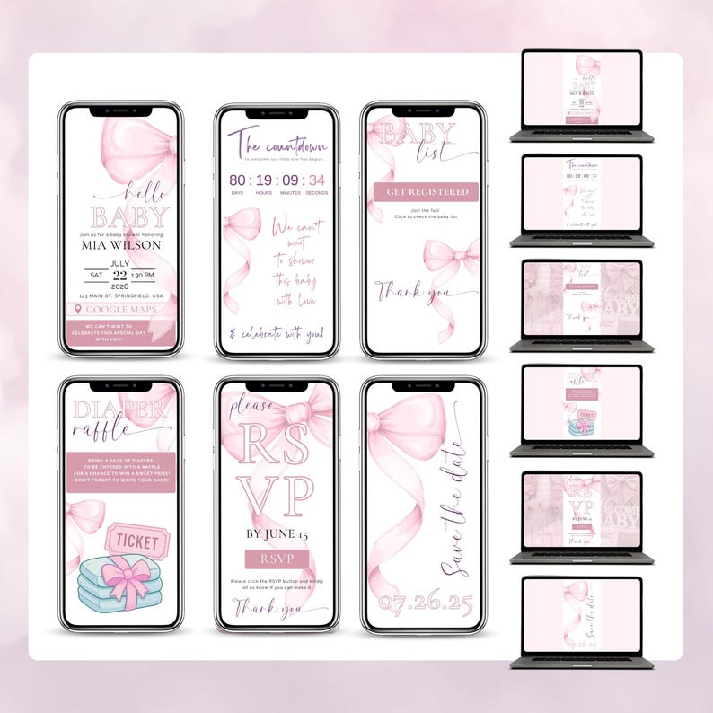 Full set of editable Pink Bow Baby Shower digital templates – Includes RSVP, countdown, baby list, diaper raffle, and save the date designs. Displayed on phones and laptops, this coquette-style Canva bundle is perfect for a girl baby shower. Customize each page to match your theme and manage everything online. Ideal for modern, digital baby shower planning with elegant pink bow graphics.