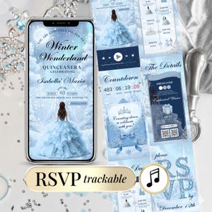Winter Quinceañera Invitation Digital with RSVP Link – Winter Wonderland Blue Sweet 16 Invite – Editable Canva Template – Instant Download