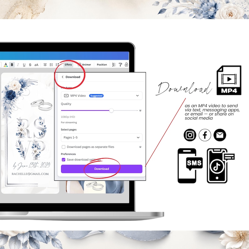 Download your editable Dusty Blue Wedding Invitation as an MP4 video. Easily share your animated Canva wedding invitation by SMS, email, Instagram, Facebook, TikTok or messaging apps.