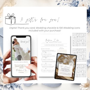Bonus gifts included with your Dusty Blue Wedding Invitation purchase: digital thank you card, wedding planning checklist and over 100 wedding icons to personalize your Canva wedding invitation.