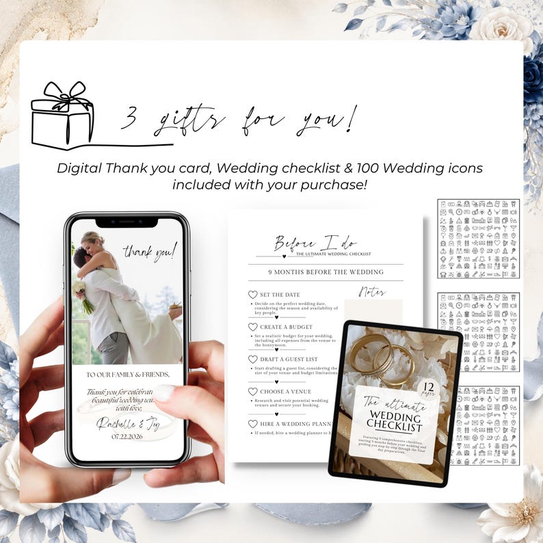 Bonus gifts included with your Dusty Blue Wedding Invitation purchase: digital thank you card, wedding planning checklist and over 100 wedding icons to personalize your Canva wedding invitation.