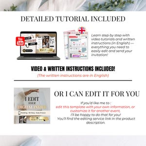 May include: Image showcasing digital invitation editing services. Includes a laptop displaying a wedding invitation, written instructions, and the text "I EDIT YOUR DIGITAL INVITE." The text also mentions video tutorials and editing services.