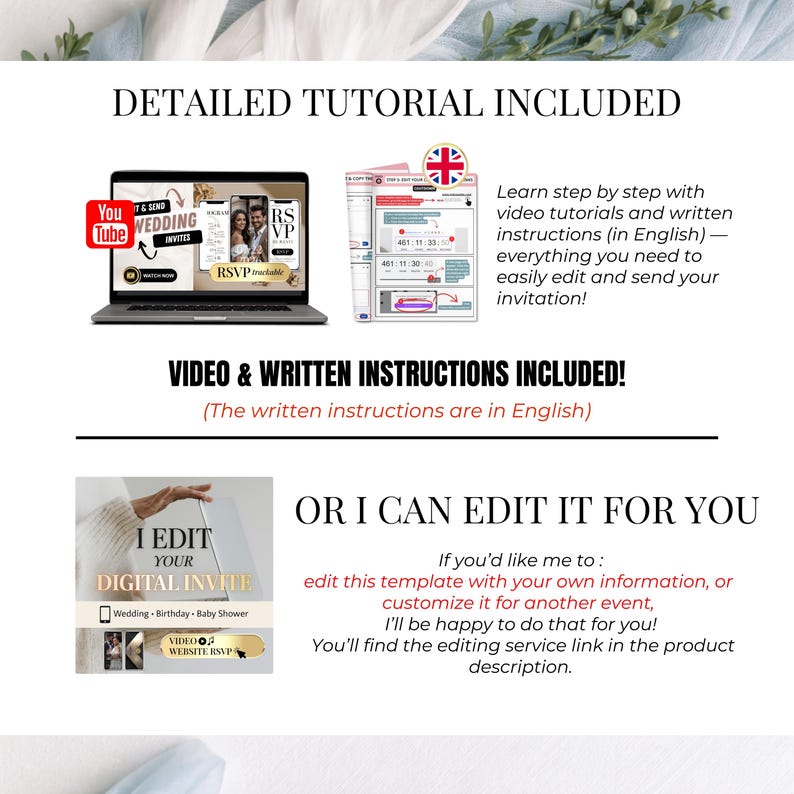 May include: Image showcasing digital invitation editing services. Includes a laptop displaying a wedding invitation, written instructions, and the text "I EDIT YOUR DIGITAL INVITE." The text also mentions video tutorials and editing services.
