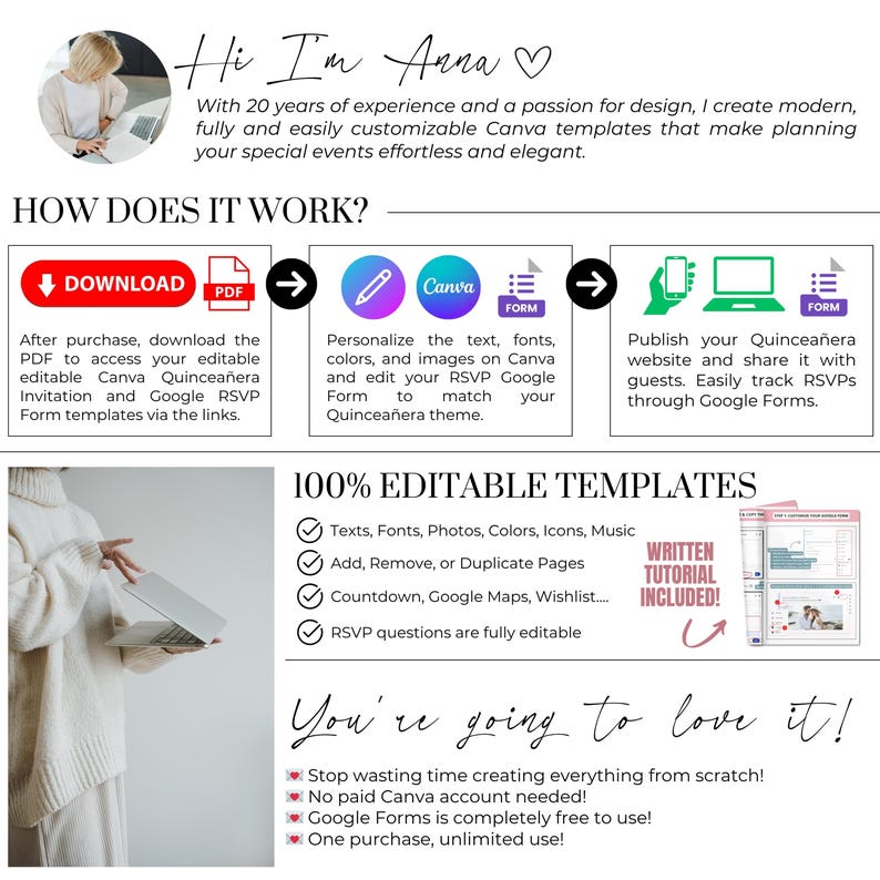 Overview of how to use the Quinceañera digital invitation template. Includes steps to download, edit in Canva, customize the RSVP Google Form, and publish the event website. Features fully editable text, photos, colors, music, countdown, Google Maps, and wishlist. No Canva Pro needed. Written tutorial included. Perfect for Sweet 16 and 15th birthday online party planning.