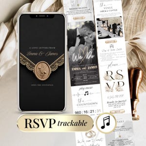 May include: A digital wedding invitation displayed on a smartphone screen featuring a black background with a gold lace envelope graphic and a wax seal. Beside it, a vertical digital invitation layout shows a couple, Oheka Castle, and RSVP details.