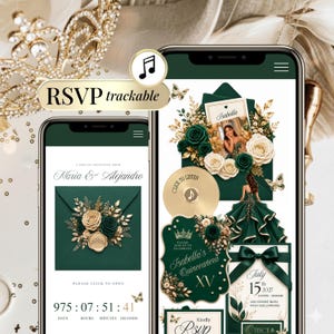 Emerald Green Quinceañera Invite with RSVP Link, Gold Sweet 16 Digital Invitation, Editable Canva Website, Trackable RSVP, Music Countdown