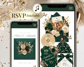 Emerald Green Quinceañera Invite with RSVP Link, Gold Sweet 16 Digital Invitation, Editable Canva Website, Trackable RSVP, Music Countdown