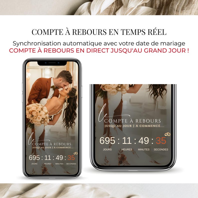 Invitation mariage digitale avec compte à rebours en temps réel jusqu’au jour du mariage, faire-part numérique interactif