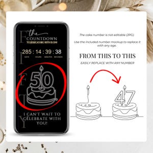 Smartphone display showing the live countdown timer and editable cake icon of the 50th birthday digital template. Demonstrates how to change numbers and details on this animated party evite, making it a perfect SMS phone invite for a milestone surprise celebration.