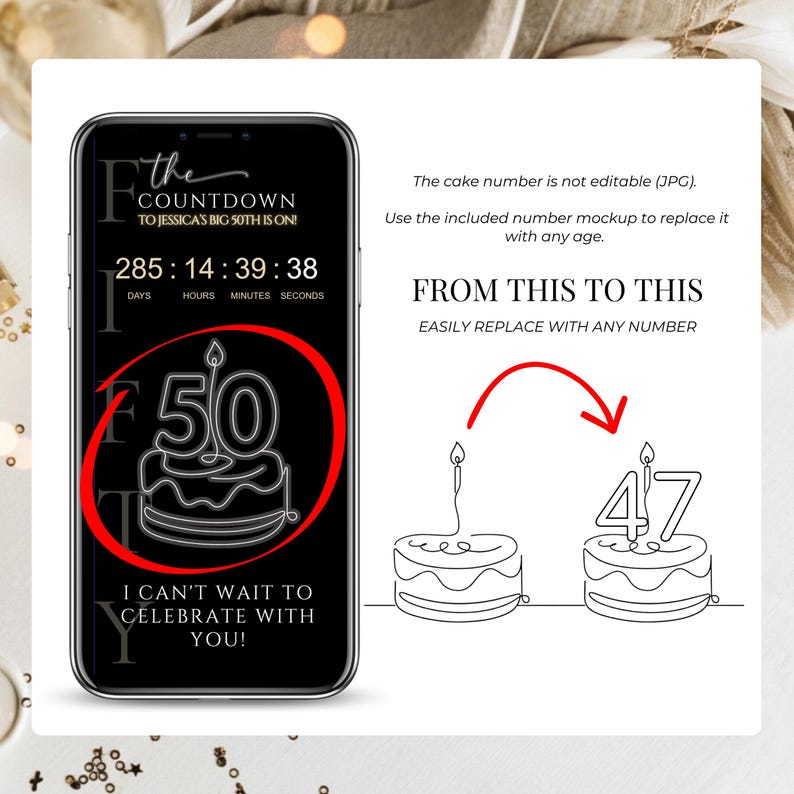 Smartphone display showing the live countdown timer and editable cake icon of the 50th birthday digital template. Demonstrates how to change numbers and details on this animated party evite, making it a perfect SMS phone invite for a milestone surprise celebration.