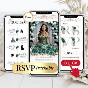 Editable Quinceanera Invitation, Green Gold Photo Invite Template, Custom 15 Años RSVP Page, Digital Birthday Invite, Digital Quinceanera