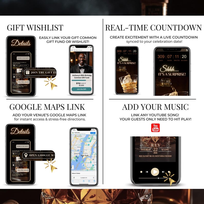 Editable 40th Birthday Digital Invitation for Men – Whiskey Theme Online Party Invite with RSVP, gift wishlist, real-time countdown, Google Maps link and music feature. Canva template customizable in minutes, perfect for milestone birthdays like 40th, 50th or 60th celebrations. Instant download digital birthday card to share via SMS, WhatsApp or email. Aged to Perfection whiskey invitation with modern interactive features.