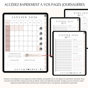 Agenda Digital 2026 Français – Pages journalières. Chaque mois inclut une page journalière dédiée, accessible en un clic depuis le calendrier mensuel. Notez vos objectifs, priorités, rendez-vous et to-do list au quotidien. Cette page peut être dupliquée à l’infini, pour une gestion flexible et illimitée. Compatible iPad, tablette, GoodNotes, Notability, PDF. Le planner numérique parfait pour organiser vos journées en 2026 !