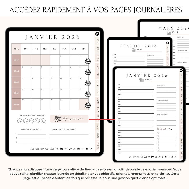 Agenda Digital 2026 Français – Pages journalières. Chaque mois inclut une page journalière dédiée, accessible en un clic depuis le calendrier mensuel. Notez vos objectifs, priorités, rendez-vous et to-do list au quotidien. Cette page peut être dupliquée à l’infini, pour une gestion flexible et illimitée. Compatible iPad, tablette, GoodNotes, Notability, PDF. Le planner numérique parfait pour organiser vos journées en 2026 !