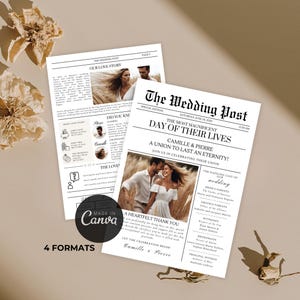Peut inclure: Deux modèles de journaux de mariage avec le titre "The Wedding Post". La une présente une photo d'un couple et le texte "The Most Magnificent Day of Their Lives". La conception comprend le texte "Made in Canva" et "4 Formats".