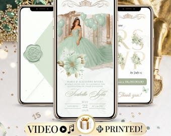 Invitación Digital Quinceañera Verde Salvia - Video Animado Editable Canva - Sweet 15/16 RSVP Cumpleaños Plantilla Electrónica