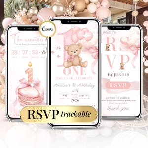 Pink Teddy Bear 1st Birthday Invitation Girl – Editable Digital Invite Template, Floral Coquette Bow Baby Girl Party, Online RSVP Tracker