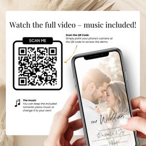 Preview of digital wedding invitation video with romantic music, featuring QR code for demo access. Mobile phone mockup shows customizable Canva wedding invite with couple's photo and elegant script. Perfect for modern couples looking for a paperless, musical wedding announcement to send via WhatsApp or text. Scan to watch full animated video invitation with included background music.
