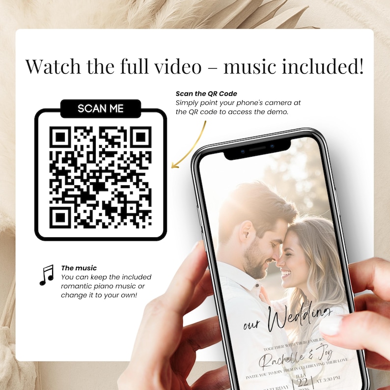 Preview of digital wedding invitation video with romantic music, featuring QR code for demo access. Mobile phone mockup shows customizable Canva wedding invite with couple's photo and elegant script. Perfect for modern couples looking for a paperless, musical wedding announcement to send via WhatsApp or text. Scan to watch full animated video invitation with included background music.