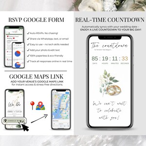 RSVP Google Form and real-time wedding countdown – Editable wedding website template includes automated RSVP form, Google Maps link for directions, and a live countdown synced with your wedding date. Mobile-friendly, paperless, and easy to share via WhatsApp, email, or text. Ideal for modern couples using a Canva digital invitation.
