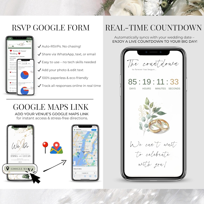 RSVP Google Form and real-time wedding countdown – Editable wedding website template includes automated RSVP form, Google Maps link for directions, and a live countdown synced with your wedding date. Mobile-friendly, paperless, and easy to share via WhatsApp, email, or text. Ideal for modern couples using a Canva digital invitation.