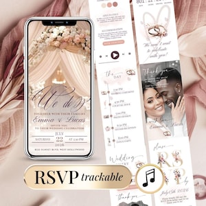 Könnte beinhalten: Eine digitale Hochzeitseinladung auf einem Smartphone-Bildschirm mit dem Text "We do" und Details zur Hochzeit von Emma & Lucas. Das Design umfasst einen Zeitplan, RSVP-Informationen und ein Foto des Paares. Die Einladung ist vor einem weichen, romantischen Hintergrund.