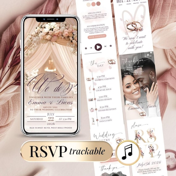 Blush Pink Wedding Invite Digital RSVP Music, Customizable Animated Template, Track Responses - Elegant Burgundy Wedding Floral Invitation