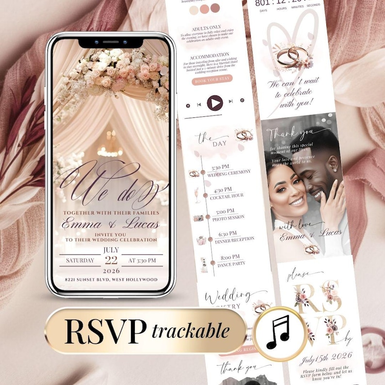 Blush pink digital wedding invitation with RSVP, animated template, music, countdown and Google Form RSVP link, editable Canva wedding website for elegant burgundy and pink floral weddings, mobile view modern wedding invite, instant download electronic wedding invitation.