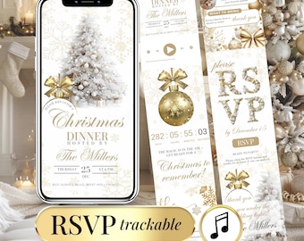 May include: A digital Christmas dinner invitation on a smartphone, featuring a white Christmas tree with gold accents. The invitation includes details like the date, time, and RSVP information. A gold banner reads "RSVP trackable".