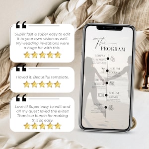 Editable wedding program template displayed on smartphone – part of a digital wedding invitation video in Canva. Modern black and white timeline layout with ceremony, cocktail, photos, dinner, and party details. Includes 5-star reviews from happy customers.