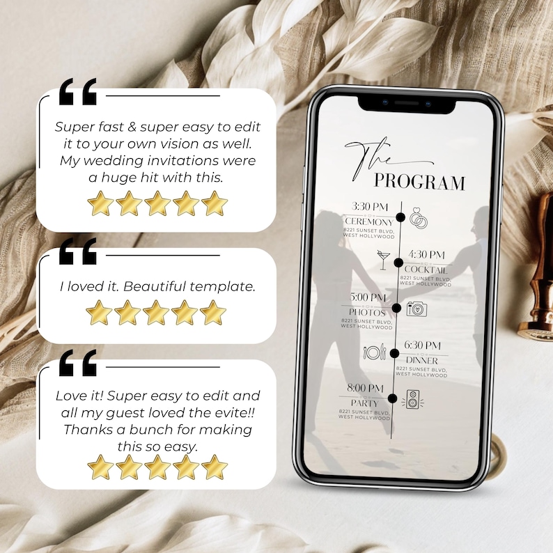 Editable wedding program template displayed on smartphone – part of a digital wedding invitation video in Canva. Modern black and white timeline layout with ceremony, cocktail, photos, dinner, and party details. Includes 5-star reviews from happy customers.